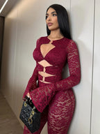 Hollow Ring Crop Tops + Flare Pants Set