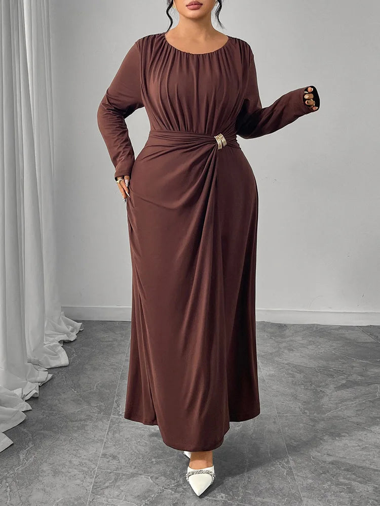 GIBSIE  Pleated O-Neck Long Sleeve Maxi Dress