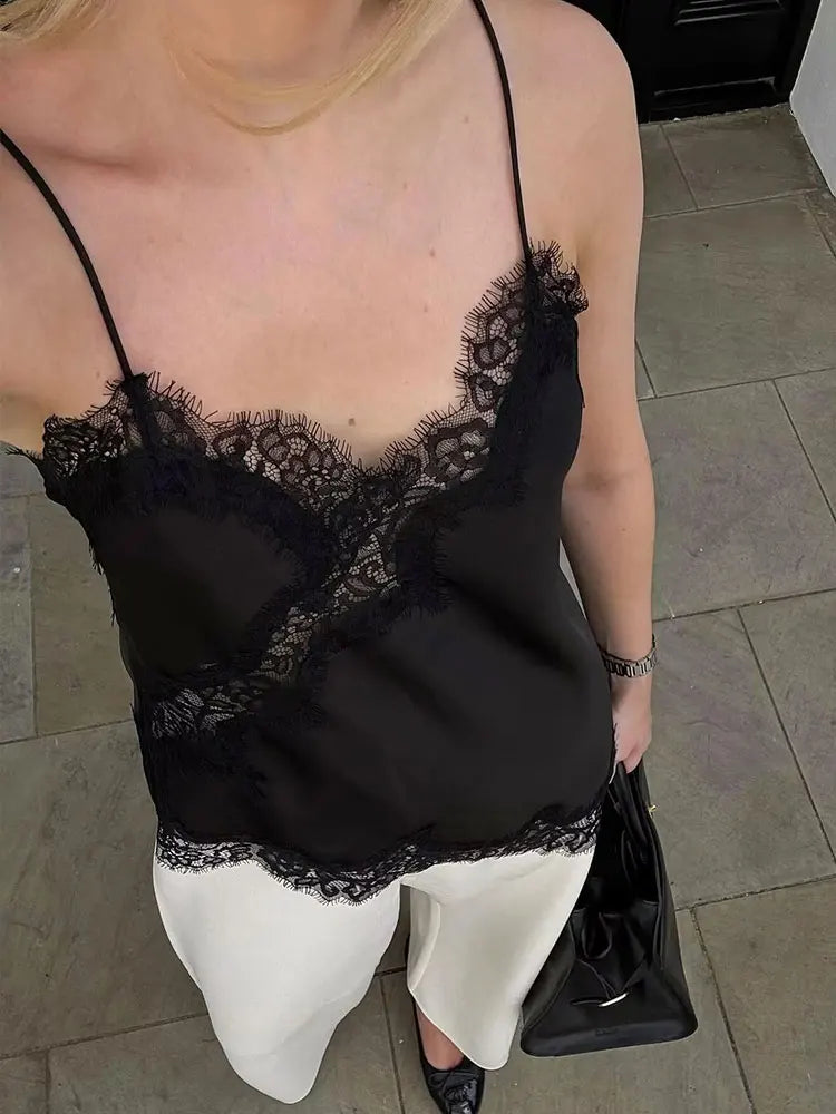Polka Dot Lace-Trim Satin Camisole