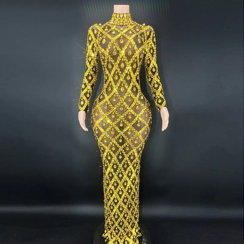 Sparkly Big Rhinestone Transparent Long Dress