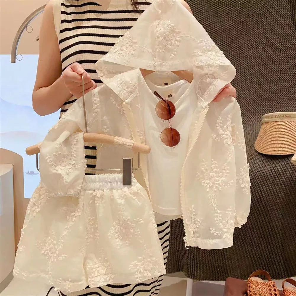Lace Embroidery Hooded Sunscreen Coat Shorts Vest Three Piece Set
