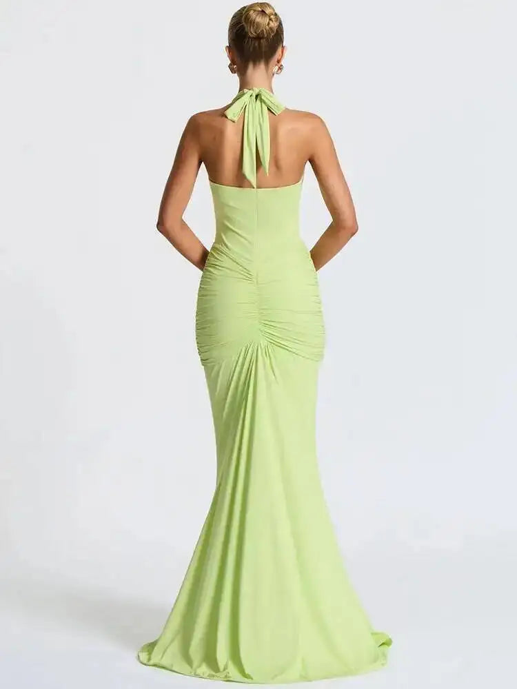Deep V Neck Backless Ruched Maxi Dress