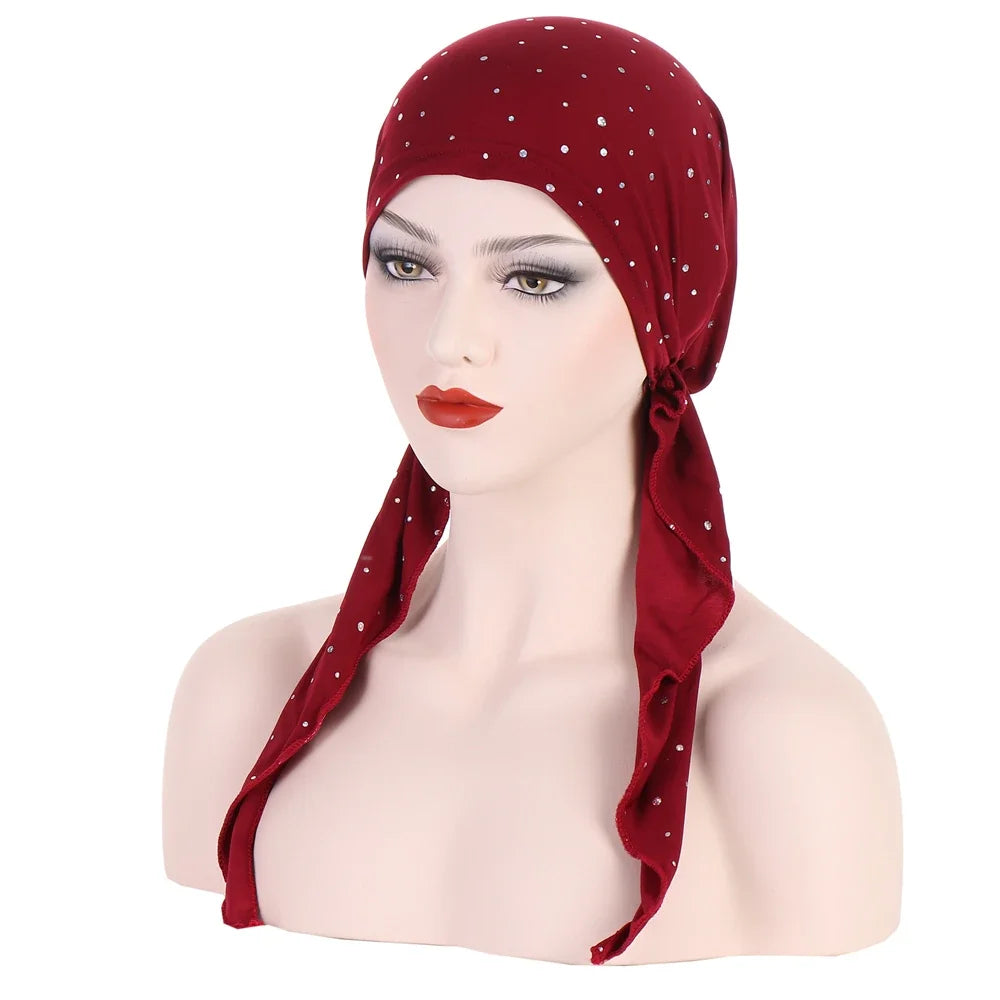 Shiny Glitter Elastic Solid Color Pre-Tied Hijabs Wrap Head Scarf Muslim Turban Bonnet for Women Inner Hat Turbantes Caps Mujer