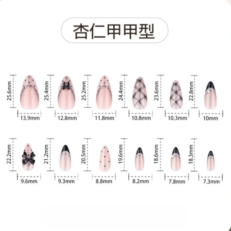 24pcs Gothic Style Black Bowknots Press On Nails Y2k Sweet Cool Cat's Eye False Nails French Style Almond Ballet Fake Nail Tips