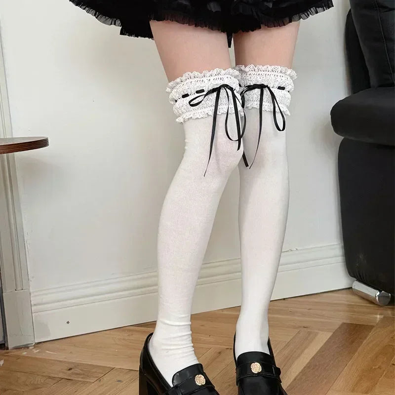 Lace Bow Over Knee-High Socks