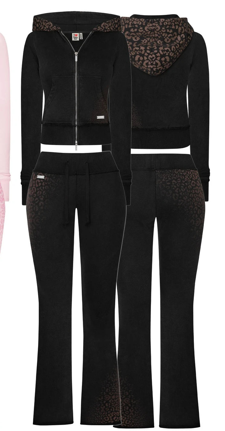 Leopard Print Graffiti Slim Zipper Hoodie Set