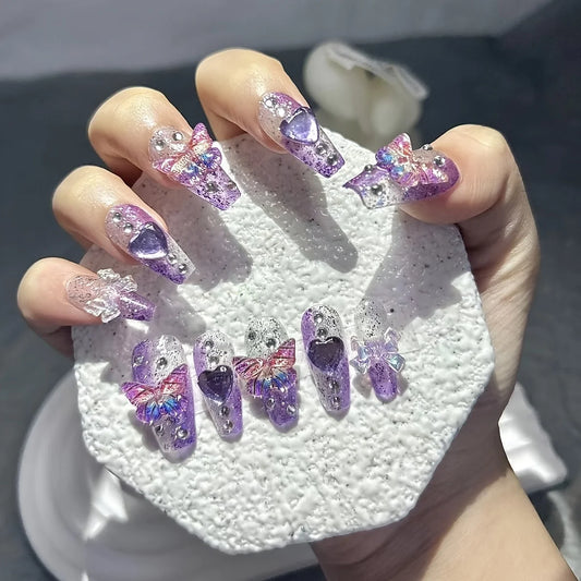 10 Pieces Purple Fantasy Butterfly Fake Nails Heart Diamond Sparkling Nail Art Patch Y2K Spice Girls Handmade Wearable Nails