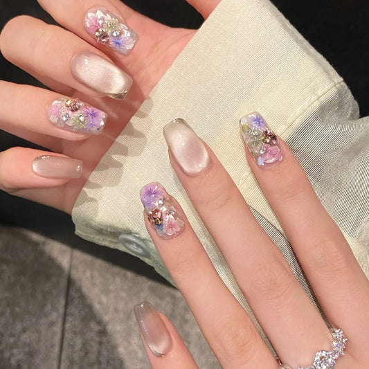 10pc Blue Cat Eye Handmade Press on Nails Flower Fake Nails False Nails Artificial Nail Wearable Detachable Nail Tips Art Uñas