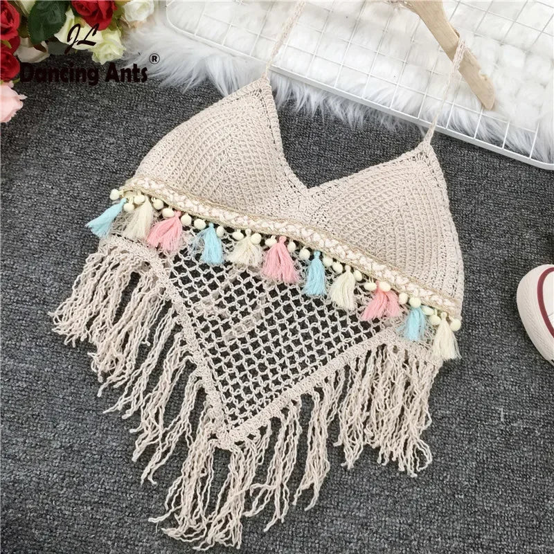 Boho Crochet Fringe Halter Crop Top