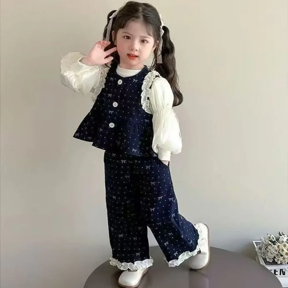 Denim Ruffle Bow Printed Vest + Long Sleeved Shirt + Pants 3 Pcs Set