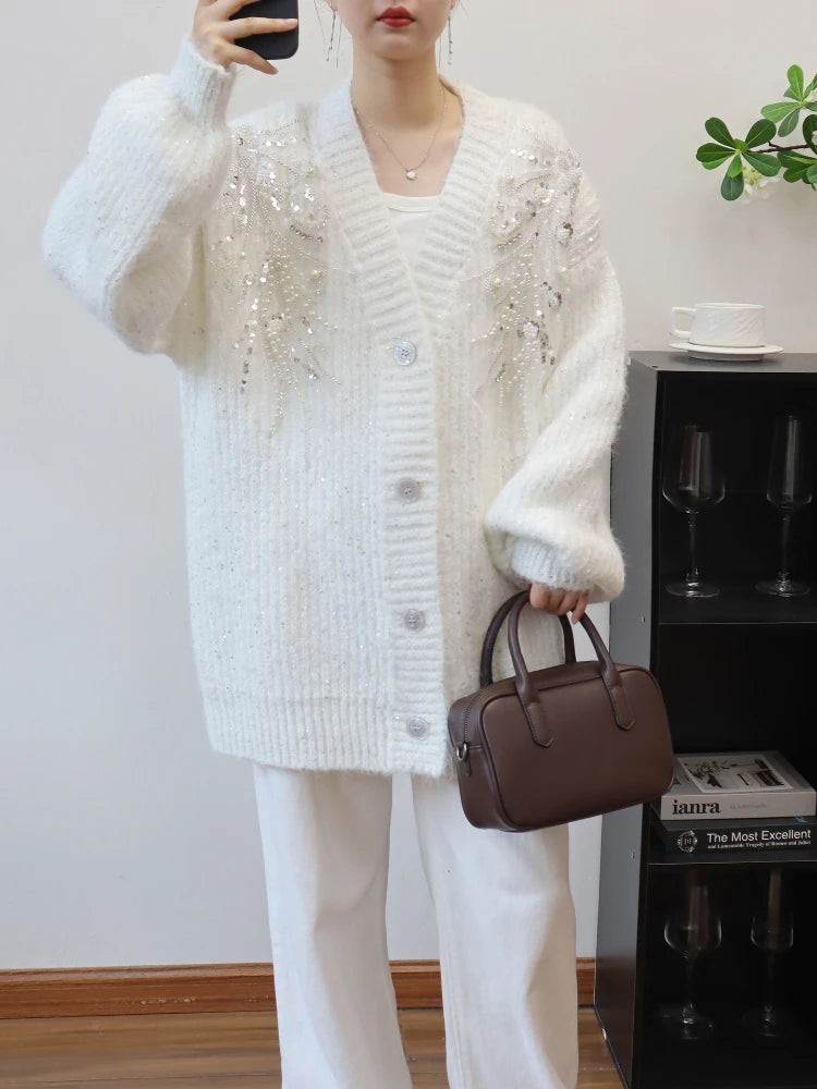 Knitted V Neck Sequins Cardigan
