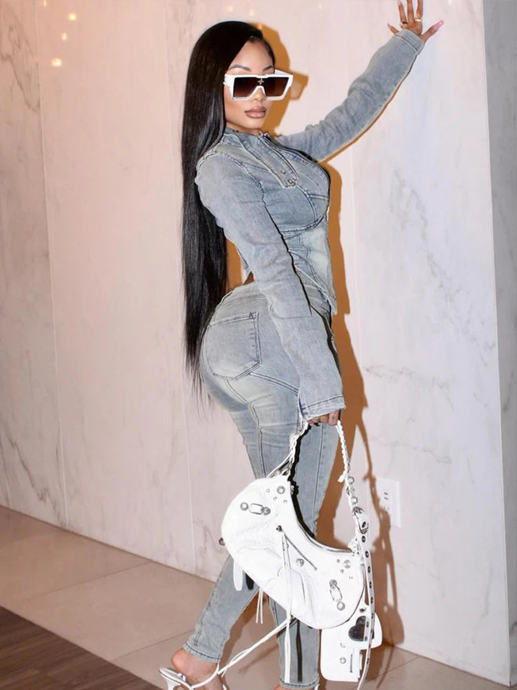 Weird Puss Denim Single-Breasted Irregular Jacket + High-Waisted Trousers Set