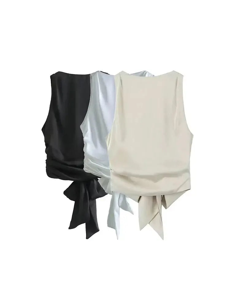 Tied Satin Back Open Crop Blouse