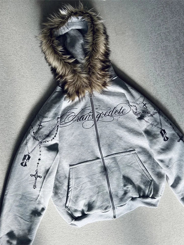 Faux Fur Hooded Jacket With Cross Print