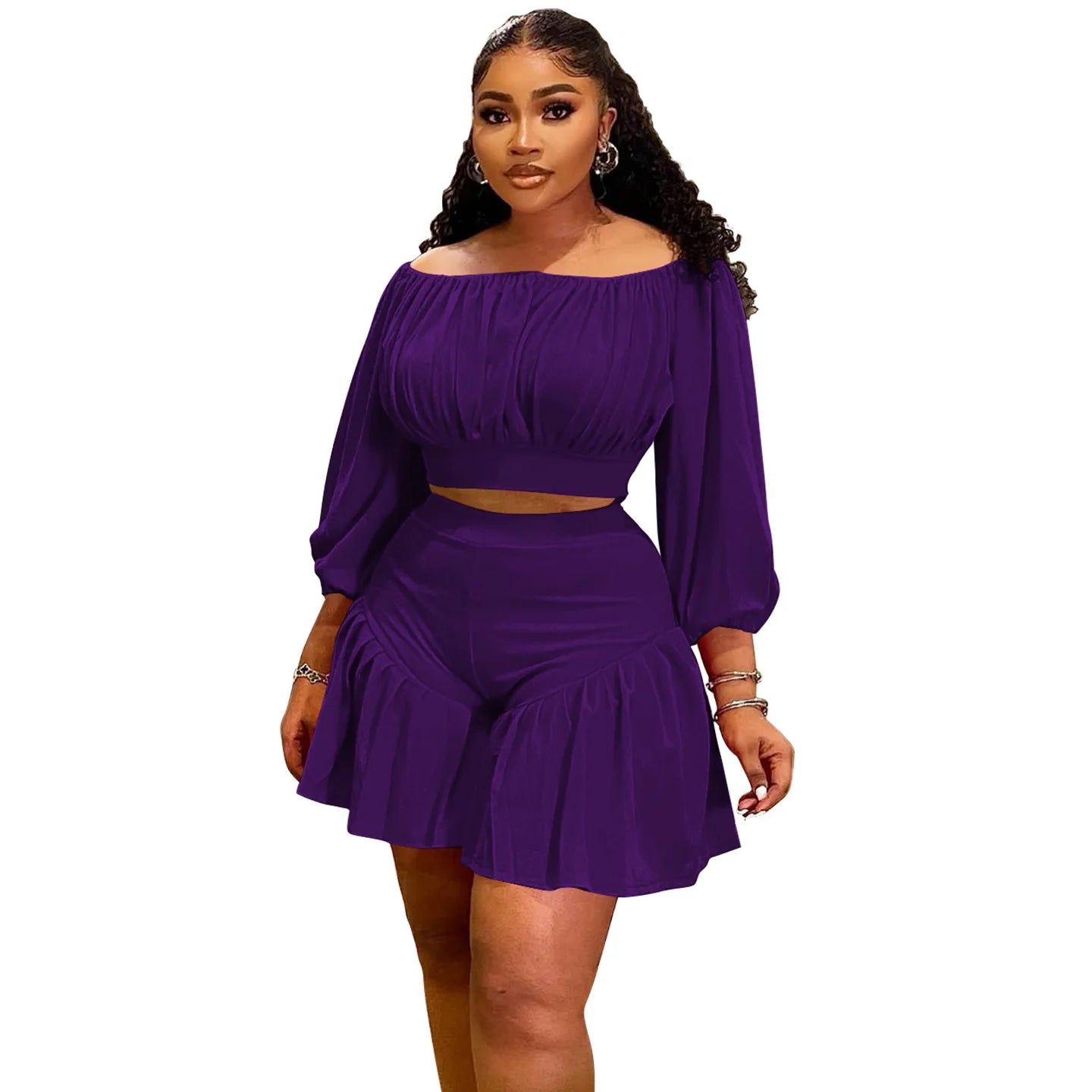CM.YAYA Long Sleeve Slash Neck T-Shirt and Shorts Set