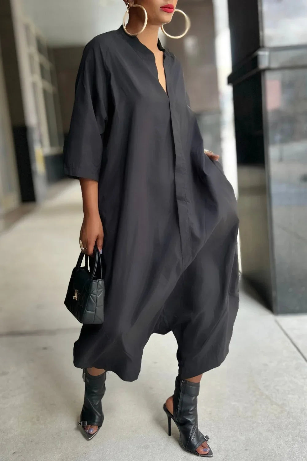 3/4 Sleeve Pocket  Harem Jumpsuit