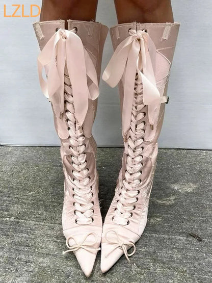 Sweet Pointed Straps Knee Boots