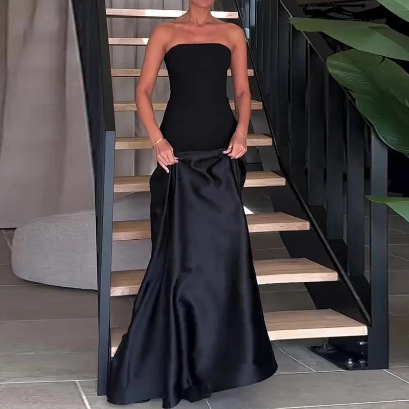 Strapless Drop-Waist Satin Maxi Gown