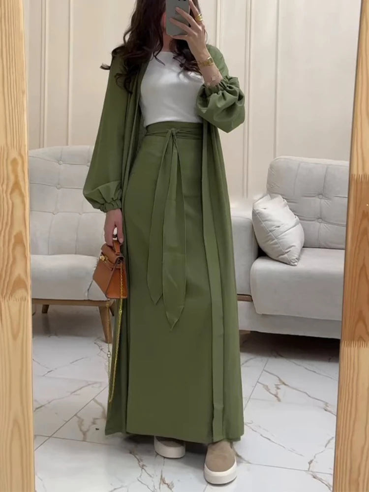 Eid Women Abaya with Skirt 2 Piece Set Muslim Dubai Vestidos Largos Party Caftan Jalabiya Ramadan Kaftan Arab Long Skirt 2025