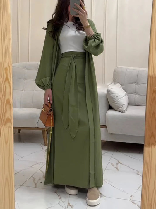 Eid Women Abaya with Skirt 2 Piece Set Muslim Dubai Vestidos Largos Party Caftan Jalabiya Ramadan Kaftan Arab Long Skirt 2025