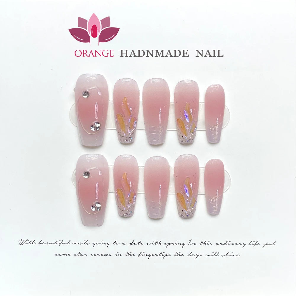 Medium Coffin Press on Nails Wearable Full Cover Artificial Nails With Designs Pink Color Handmade French Manicuree Fingernails