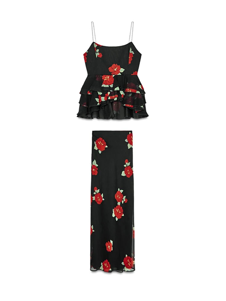 Printed Ruffle Top Skirt Set