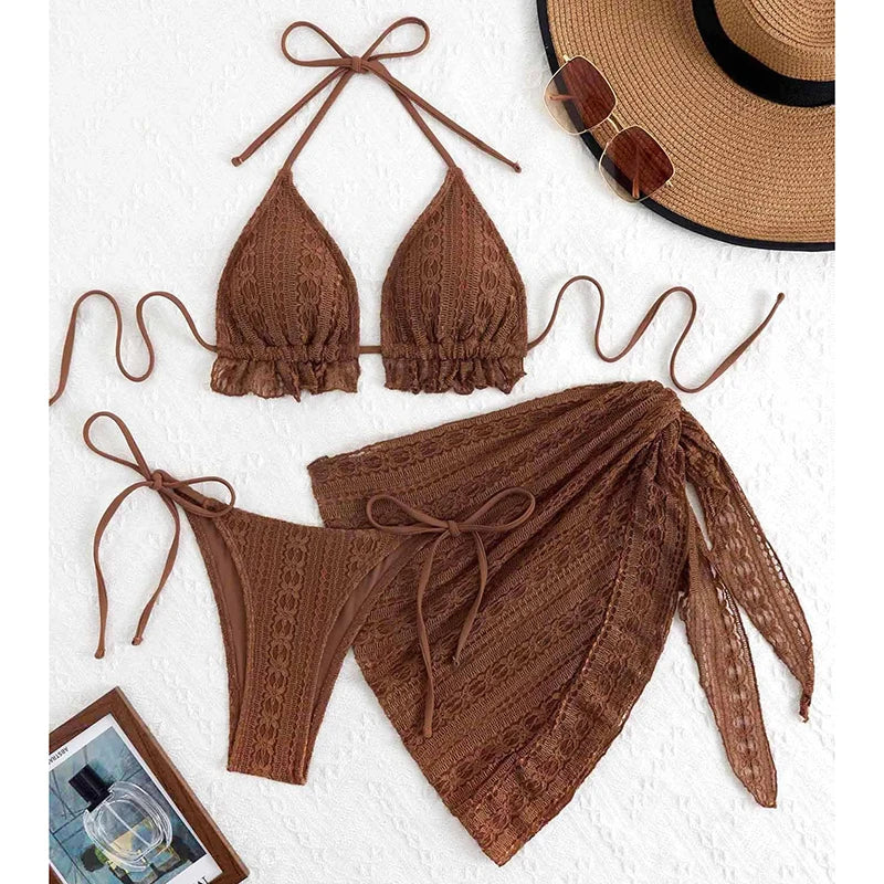 Triangle Spliced Ruffles Halter Bikini