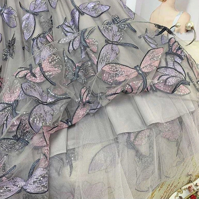 Embroidered Butterfly Mesh Midi Skirt with Sequin Detail