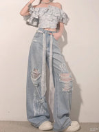 Ripped Lace Rhinestone Jeans
