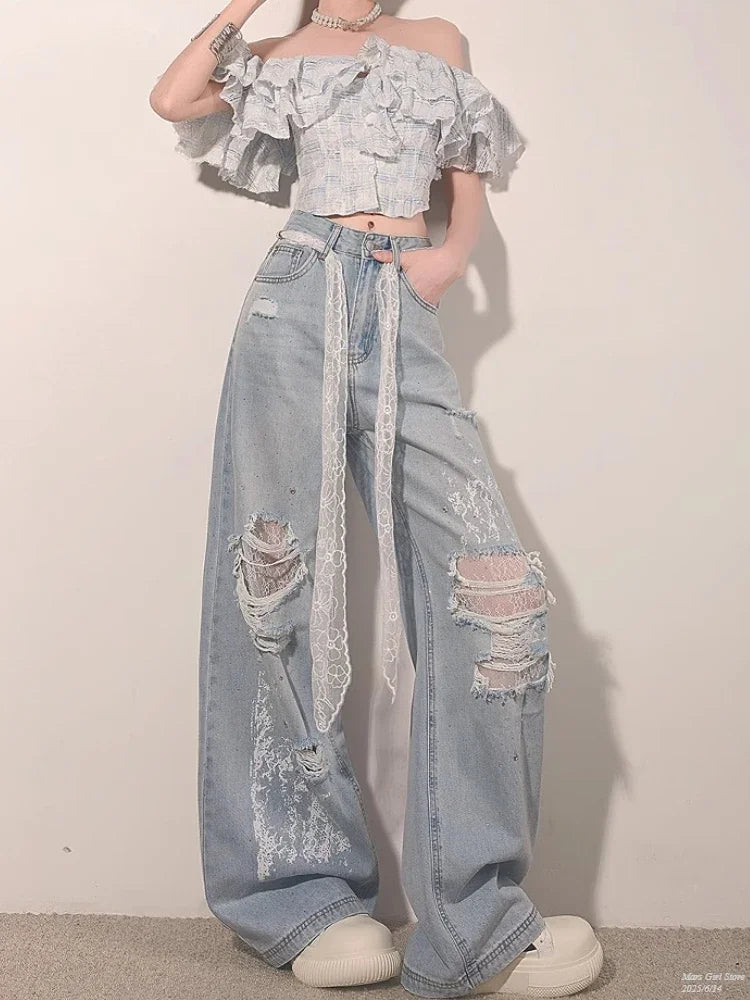 Ripped Lace Rhinestone Jeans