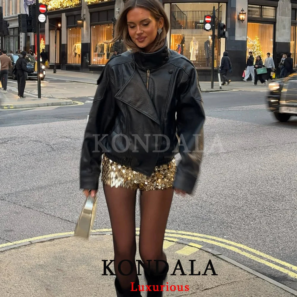 KONDALA Casual Chic Black Leather Jacket