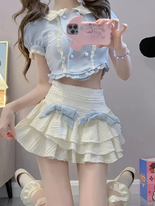 Short-Sleeve Blue Tweed Crop Top and Cream Tiered Ruffle Mini Skirt with Twin Bows
