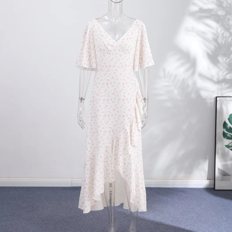 Print Long Ruffle Pleated Short Sleeve V-Neck Dress