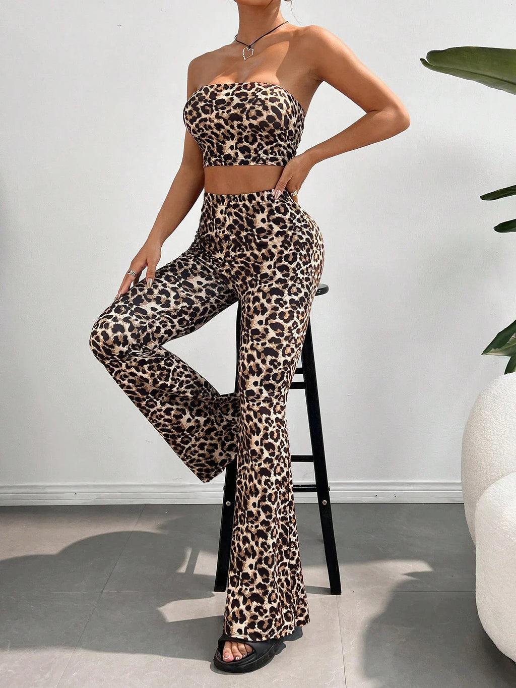 Leopard Print Slim Fit Short Crop Top with Flared Pants Long Trousers Set