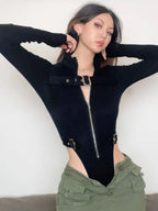 Metal Button Zipper Bodysuit