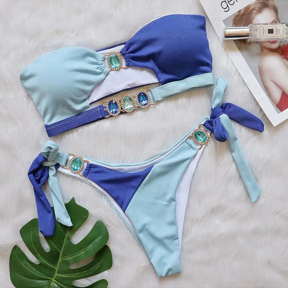 Patchwork Cut Out Rhinestone Bikini