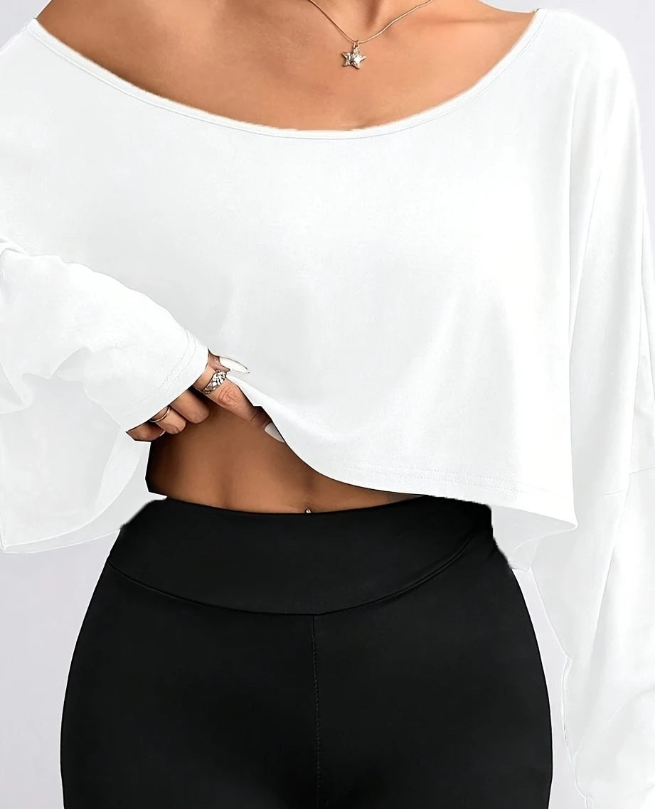 Off Shoulder Asymmetric Collar Long Sleeve Casual T-shirt Two Piece Set