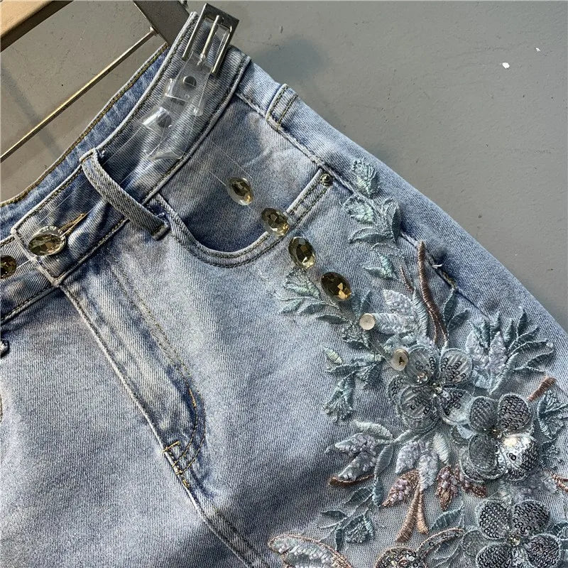 Floral Embroidered Denim Skirt