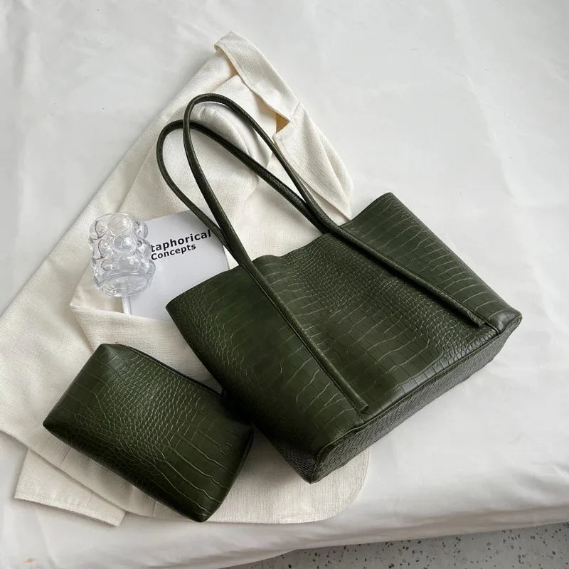 Crocodile Pattern Bag Set 2-IN-1 Large Capacity Shopping Tote