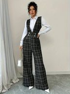 High Waist Wide Leg Plaid Tweed Jumpsuit