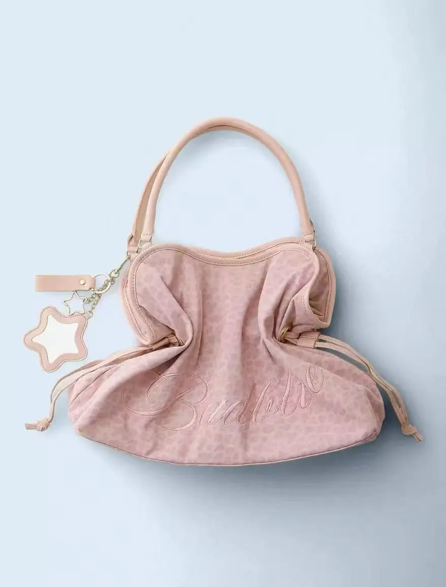 Embroidered Leopard Print Drawstring Tote Bag