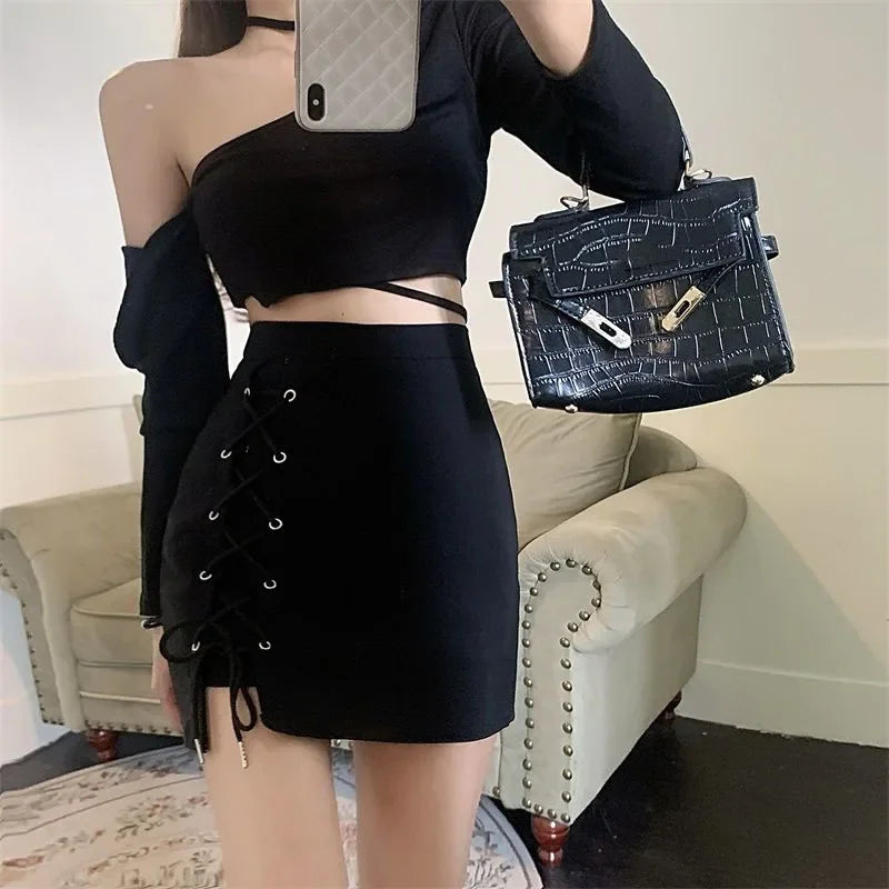 High Waist Lace Up Mini Skirt
