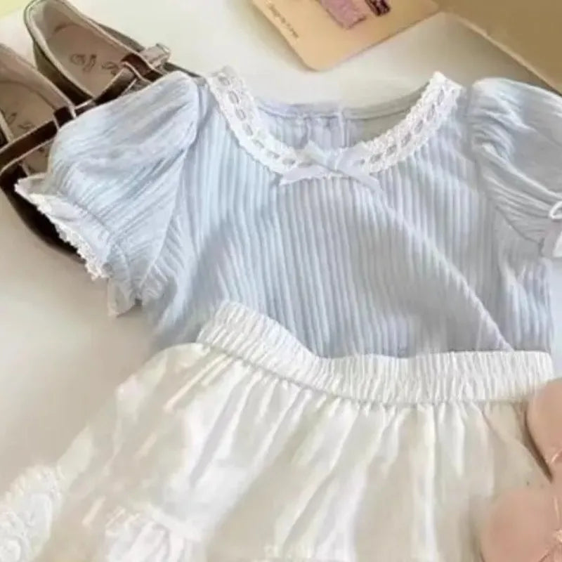 Solid Color Bow Short Sleeved T-shirt Culottes Two Piece Set