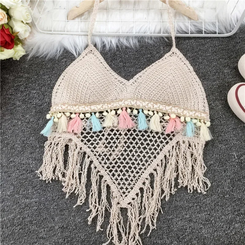 Boho Crochet Fringe Halter Crop Top