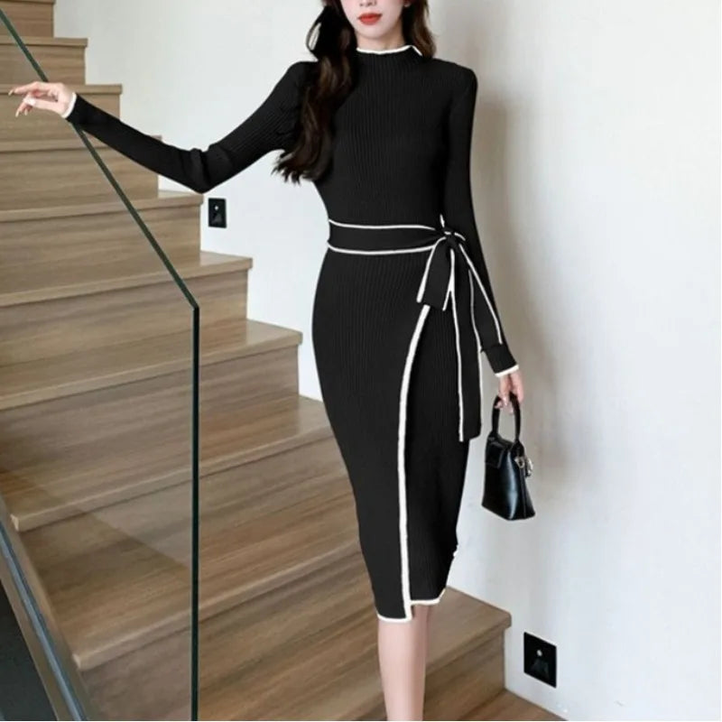 Sweater Spliced Neck Contrast Long Sleeve Knitted Dress