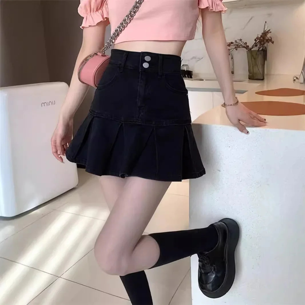 High Waist Denim Pleated A-Line Mini Skirt