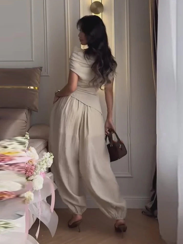 Off-Shoulder Draped Top & Tapered Pant Set