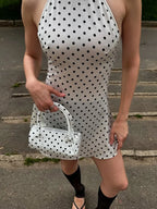 Chin.Sweety Polka Dots Print Halter Lace-up Dress