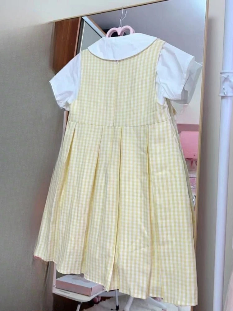 Plaid Cartoon Sleeveless Mini Dress + Doll Collar Blouse