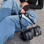 Faux Leather Multi-Pocket Baguette Handbag